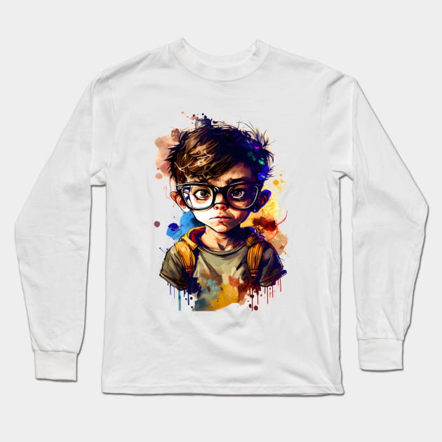 Cartoon little boy with glasses color Long Sleeve T-Shirt by MLArtifex